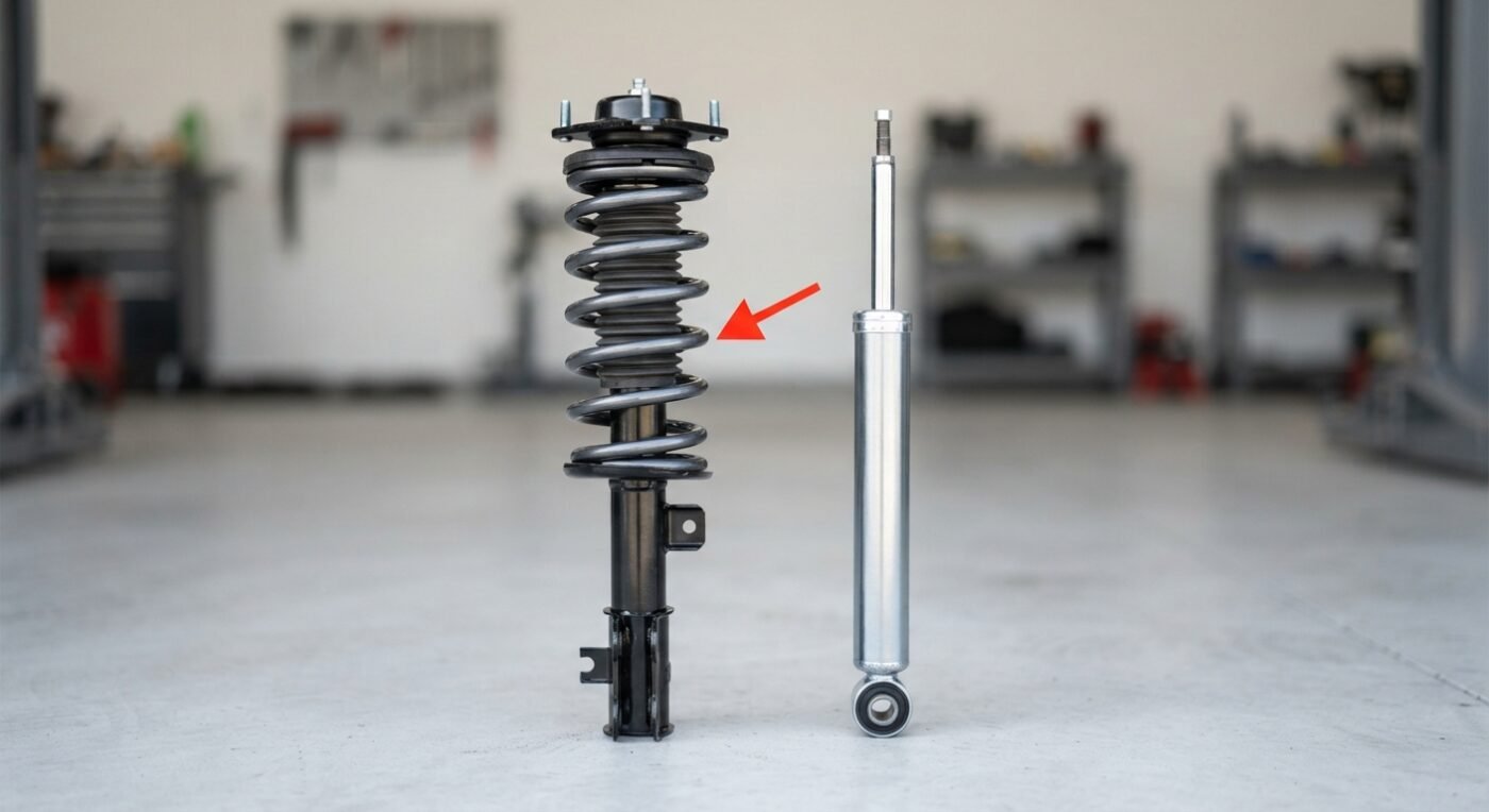 Loaded strut assembly next to a shock absorber on a workbench