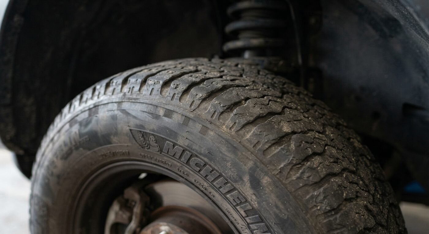 Cupped, scalloped tread wear on a front tire from worn suspension dampers