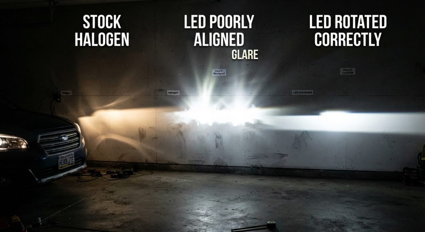 Headlight beam patterns on a wall